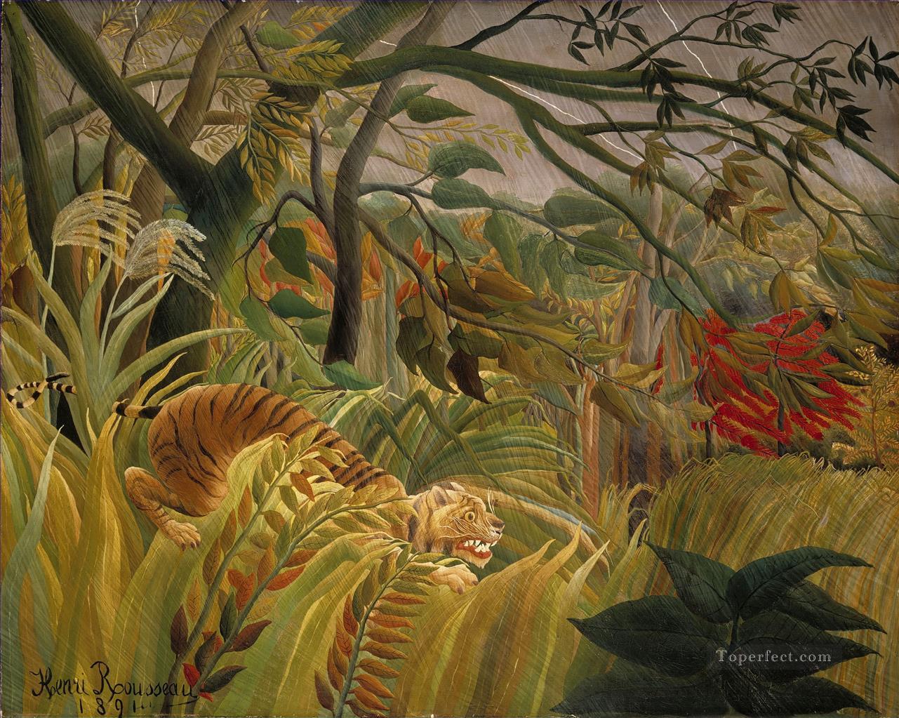 Tiger in a Tropical Storm Surprised Henri Rousseau Post Impressionism Naive Primitivism Oil Paintings